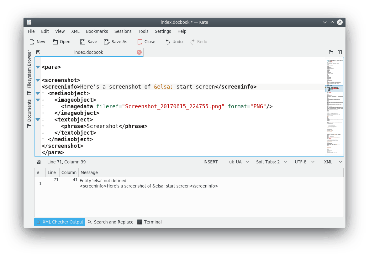 A screenshot of Kate's Main Window showing the XML Checker Output